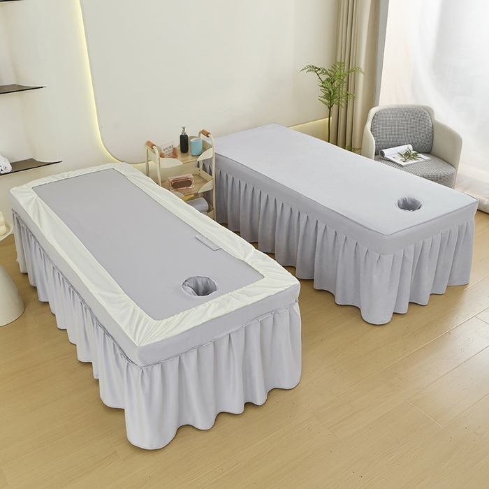 91家纺网 家纺一手货源 找家纺 不打烊家纺 2025新款贡棉美 容床罩印花款-花千城（支持logo定制） 花千城绿色拼灰色