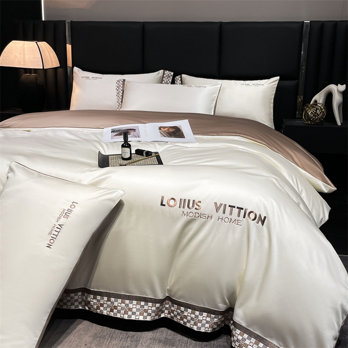 91家纺网 家纺一手货源 找家纺 瑞驰家纺 2025新款长绒棉绣花棋盘格系列四件套 棋盘格-米黄咖