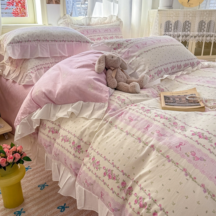 91家纺网 家纺一手货源 找家纺 2025沐辰家居-新款全棉13070全棉花边款套件 花边款-清雅粉