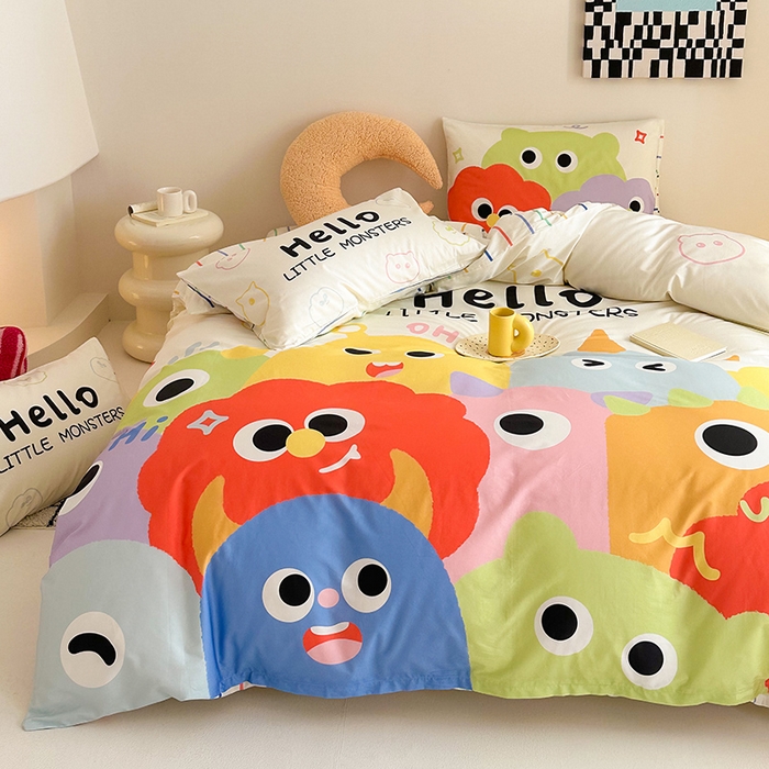 91家纺网 家纺一手货源 找家纺 典曼家纺 2025新款 AB版活性印花四件套 呆萌小怪兽