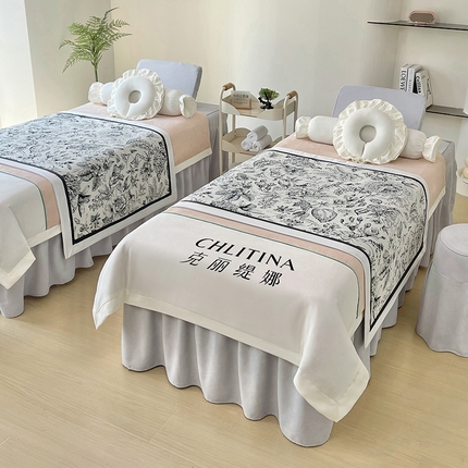 不打烊家纺 2025新款贡棉美 容床罩印花款-梦之语（支持logo定制） 梦之语卡其色拼灰色