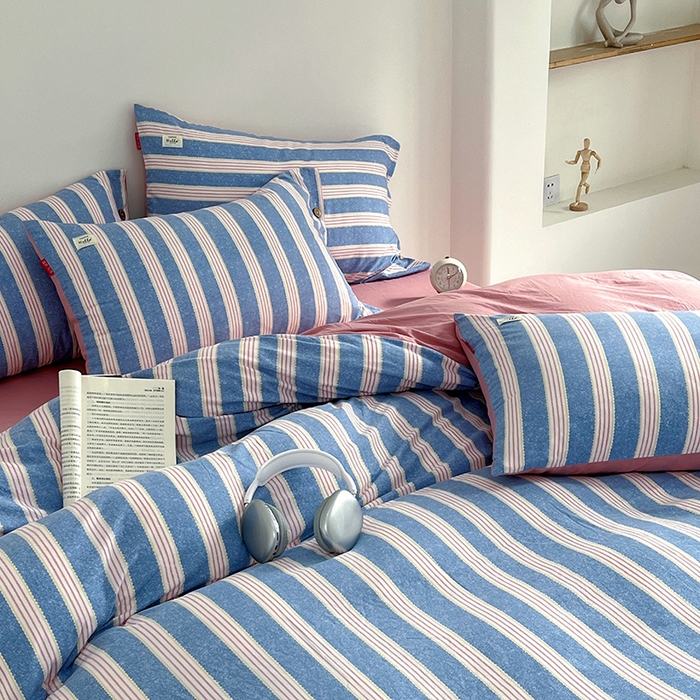 91家纺网 家纺一手货源 找家纺 睡美美 2025新款加厚色织水洗棉印染条纹四件套 芋泥啵啵