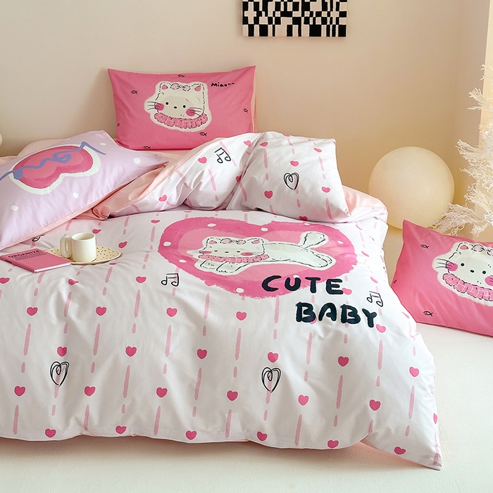 91家纺网 家纺一手货源 找家纺 典曼家纺 2025新款 AB版活性印花四件套 爱心猫