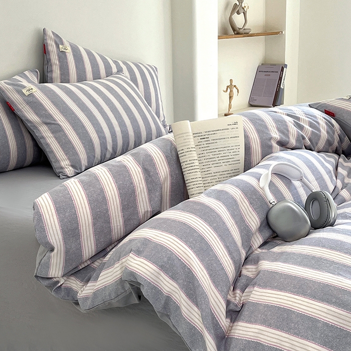 91家纺网 家纺一手货源 找家纺 睡美美 2025新款加厚色织水洗棉印染条纹四件套 蓝灰条纹