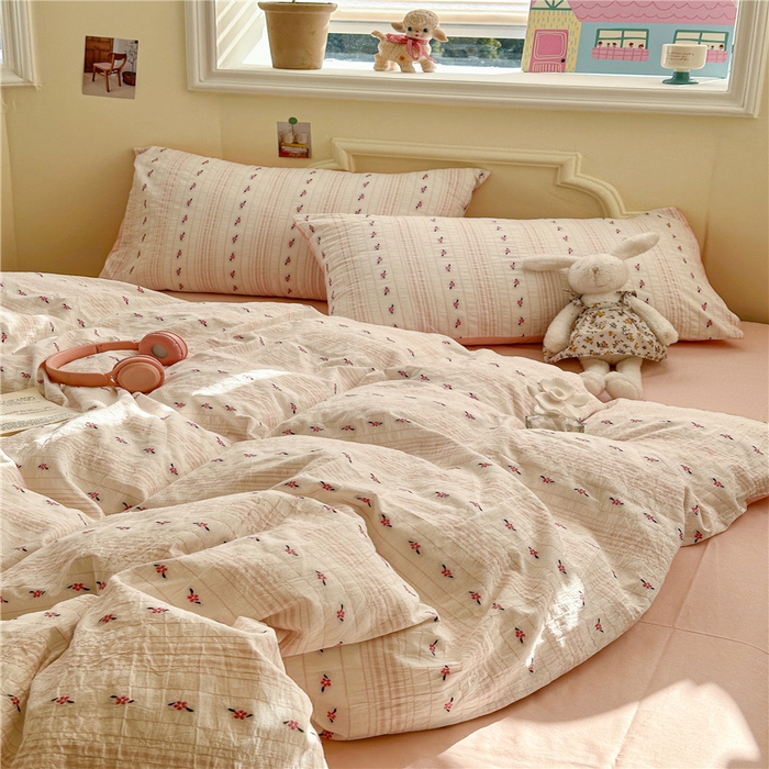 91家纺网 家纺一手货源 找家纺 琪格格纺织 2025新款美式田园色织提花系列四件套 新小花园-粉