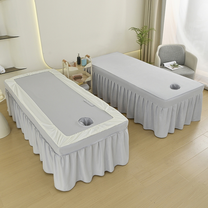 91家纺网 家纺一手货源 找家纺 不打烊家纺 2025新款贡棉美 容床罩印花款-花千城（支持logo定制）  花千城卡其色拼灰色