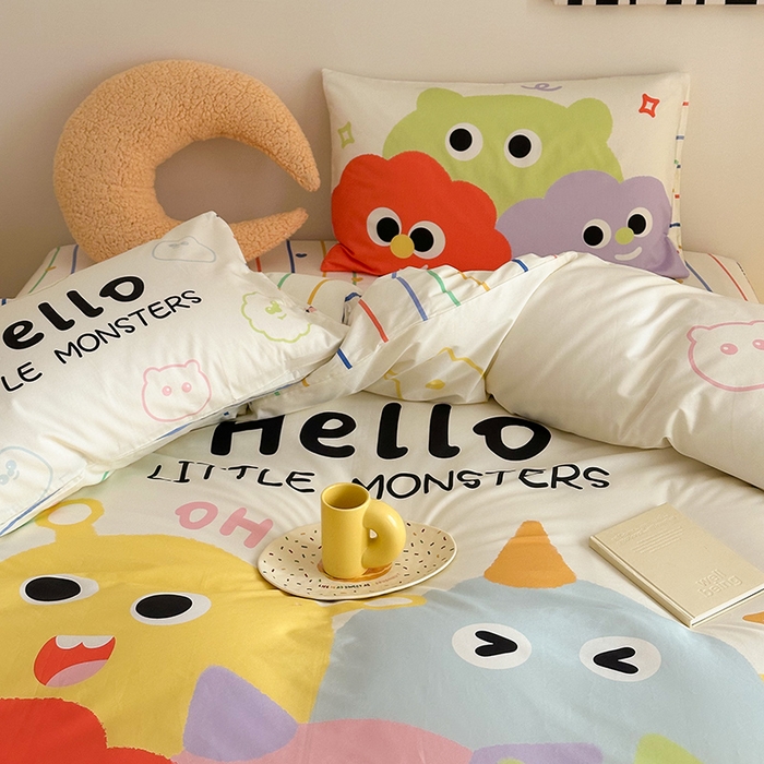 91家纺网 家纺一手货源 找家纺 典曼家纺 2025新款 AB版活性印花四件套 呆萌小怪兽