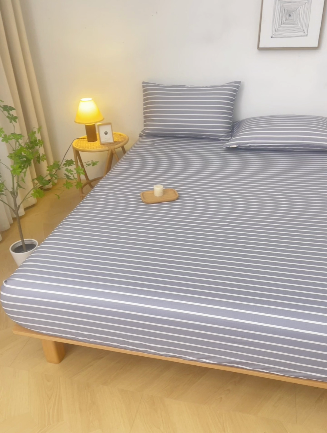 91家纺网 家纺一手货源 找家纺 慕梵家居 2025新款全棉老粗布床笠系列 全棉老粗布-宽条灰