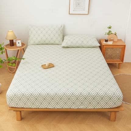 91家纺网 家纺一手货源 找家纺 慕梵家居 2025新款全棉老粗布床笠系列 全棉老粗布-菱形绿