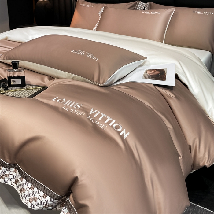 91家纺网 家纺一手货源 找家纺 瑞驰家纺 2025新款长绒棉绣花棋盘格系列四件套 棋盘格-中咖