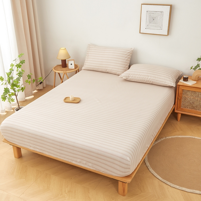 91家纺网 家纺一手货源 找家纺 慕梵家居 2025新款全棉老粗布床笠系列 全棉老粗布-密条咖