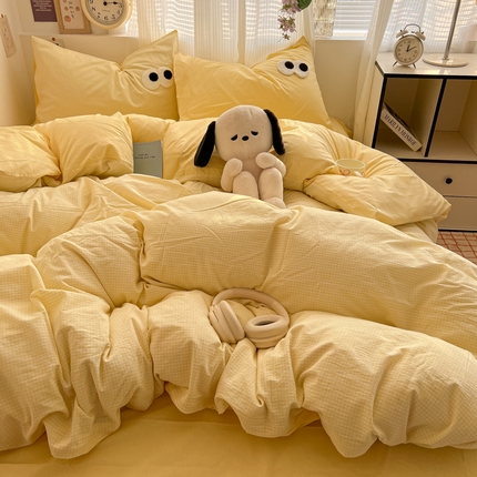 91家纺网 家纺一手货源 找家纺 （总）悦织湾家纺 2025新款水洗棉纯色亲肤棉AB版大眼睛四件套轻奢时尚学生宿舍单双人床上用品四件套