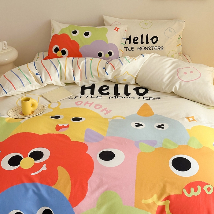 91家纺网 家纺一手货源 找家纺 典曼家纺 2025新款 AB版活性印花四件套 呆萌小怪兽