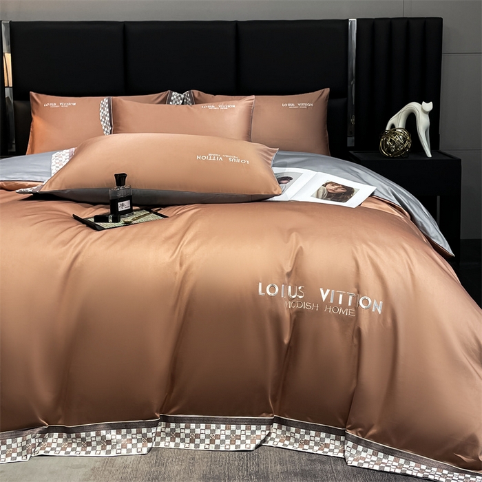 91家纺网 家纺一手货源 找家纺 瑞驰家纺 2025新款长绒棉绣花棋盘格系列四件套 棋盘格-摩卡橙