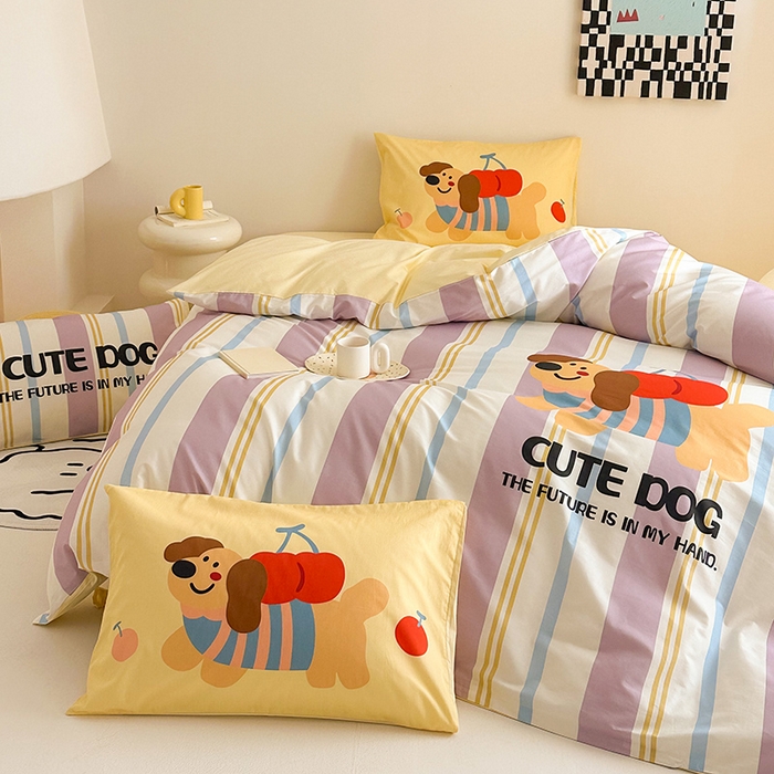 91家纺网 家纺一手货源 找家纺 典曼家纺 2025新款 AB版活性印花四件套 可爱小狗（紫）