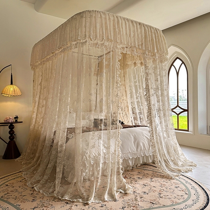 91家纺网 家纺一手货源 找家纺 都市缘蚊帐 2025新款针织电脑绣花布U型导轨蚊帐A303 303可可庄园-奶油杏