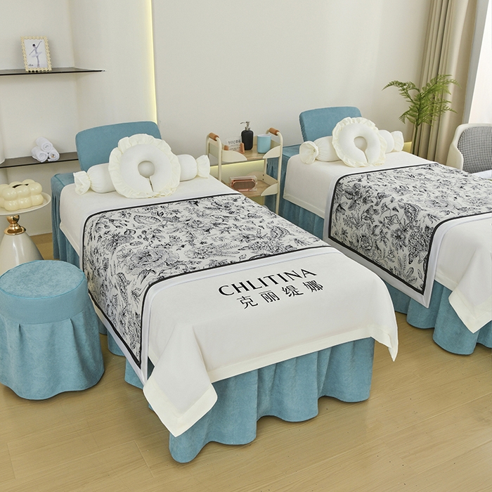 91家纺网 家纺一手货源 找家纺 不打烊家纺 2025新款贡棉美 容床罩印花款-花千城（支持logo定制）花千城米白色拼绿色