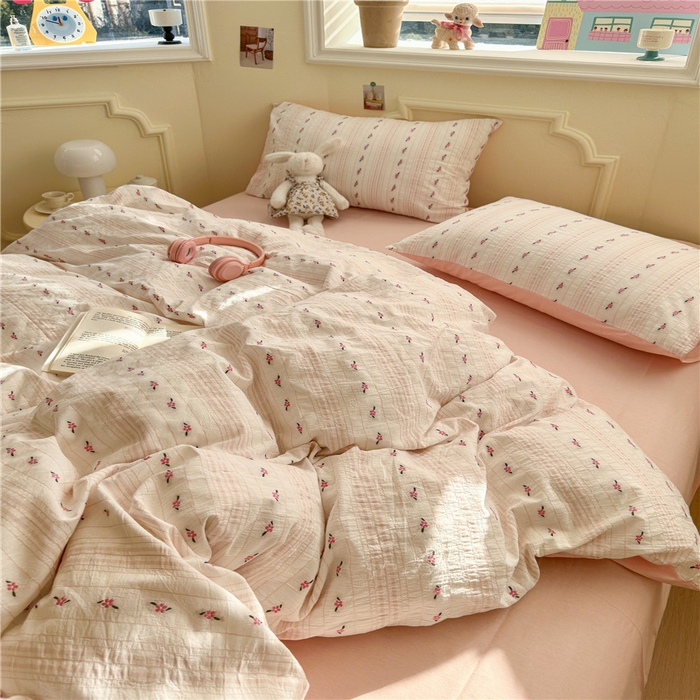 91家纺网 家纺一手货源 找家纺 琪格格纺织 2025新款美式田园色织提花系列四件套 新小花园-粉