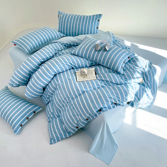 91家纺网 家纺一手货源 找家纺 睡美美 2025新款加厚色织水洗棉印染条纹四件套 海盐奶蓝