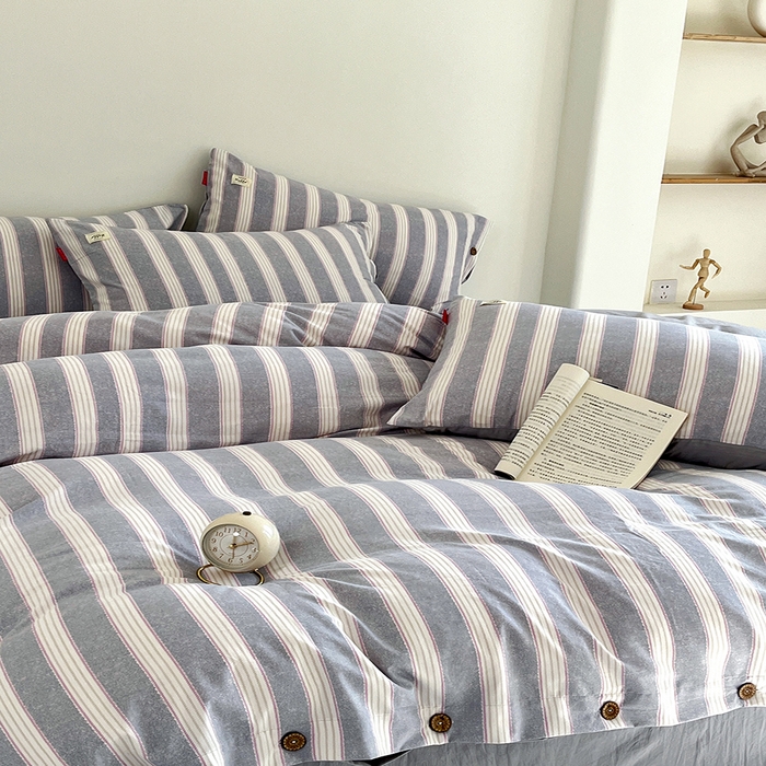 91家纺网 家纺一手货源 找家纺 睡美美 2025新款加厚色织水洗棉印染条纹四件套 蓝灰条纹