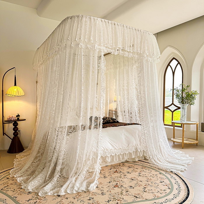 91家纺网 家纺一手货源 找家纺 都市缘蚊帐 2025新款针织电脑绣花布U型导轨蚊帐A303 303玫瑰庄园-奶油白