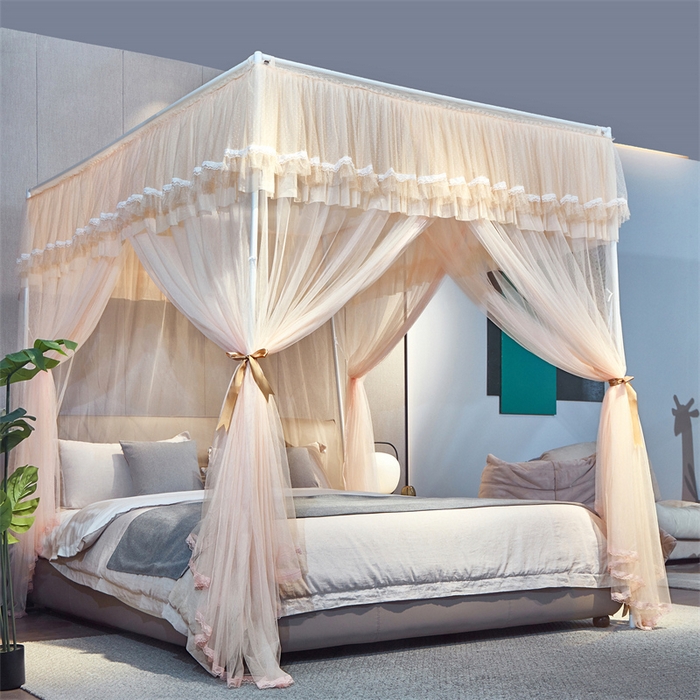 91家纺网 家纺一手货源 找家纺 夏彩 2025新款蕾丝加柔加密外撑式25烤漆铁艺加粗支架宫廷蚊帐-88613 88613杏色