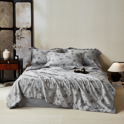 鸣升家纺 2025新款莱赛尔兰精天丝棉色织大提花大豆夏凉被四件套 雾野山亭-灰