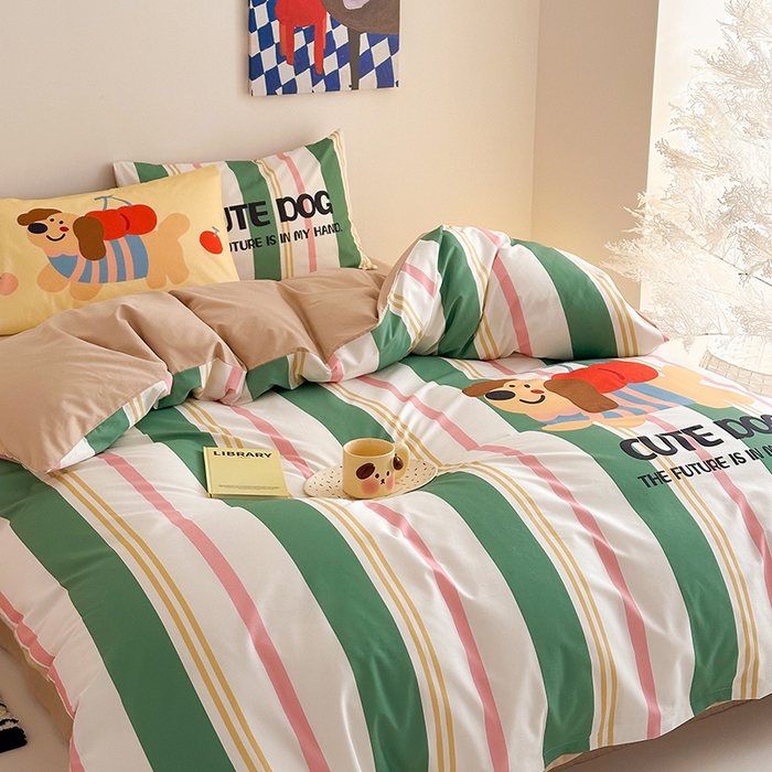 91家纺网 家纺一手货源 找家纺 典曼家纺 2025新款 AB版活性印花四件套 可爱小狗（绿）