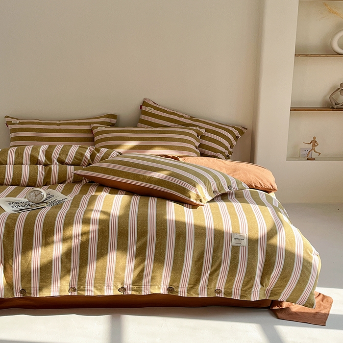 91家纺网 家纺一手货源 找家纺 睡美美 2025新款加厚色织水洗棉印染条纹四件套 栗子茶棕