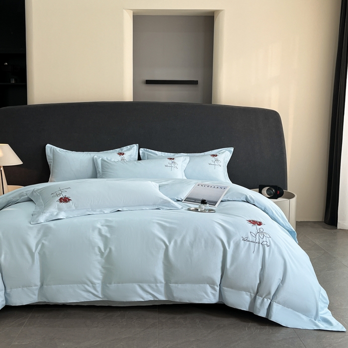 91家纺网 家纺一手货源 找家纺 新方向 2025新款全棉长绒棉刺绣四件套-梅琳娜 梅琳娜-蓝