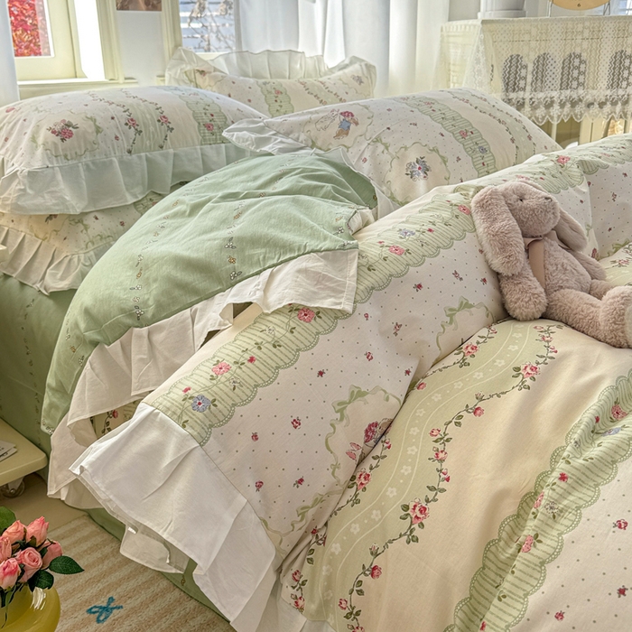 91家纺网 家纺一手货源 找家纺 2025沐辰家居-新款全棉13070全棉花边款套件 花边款-春芽