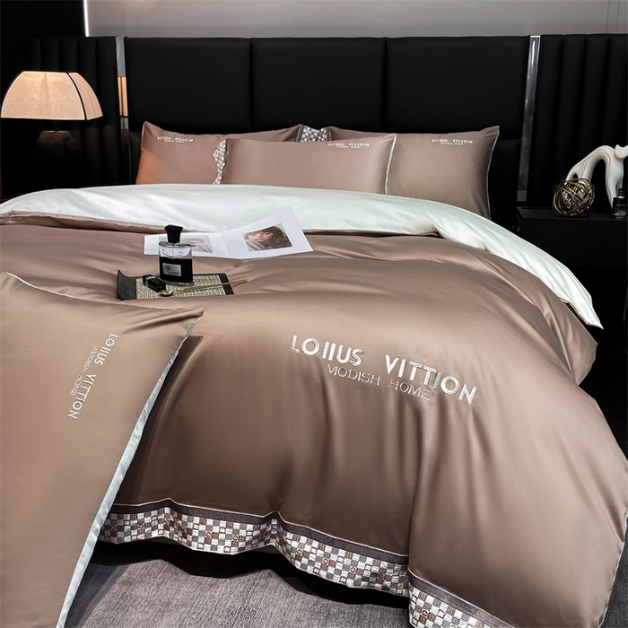 91家纺网 家纺一手货源 找家纺 瑞驰家纺 2025新款长绒棉绣花棋盘格系列四件套 棋盘格-中咖