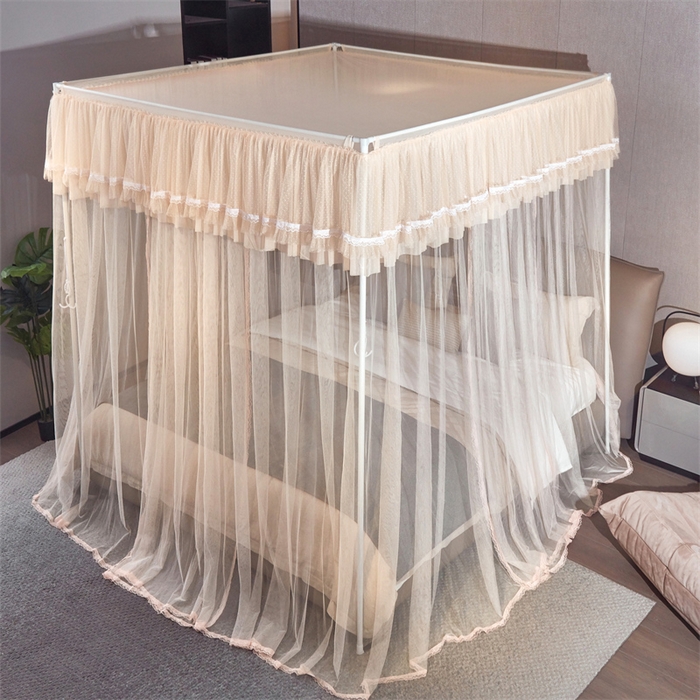 91家纺网 家纺一手货源 找家纺 夏彩 2025新款蕾丝加柔加密外撑式25烤漆铁艺加粗支架宫廷蚊帐-88613 88613杏色