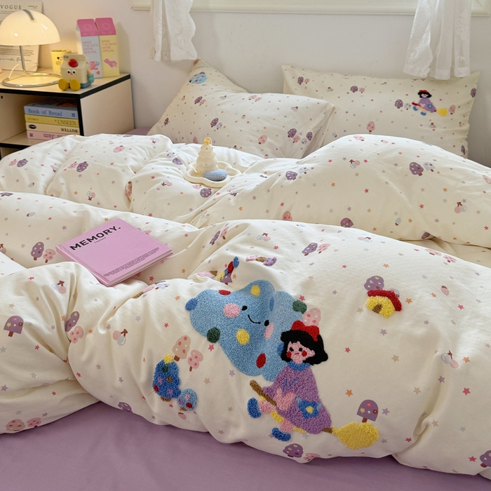 91家纺网 家纺一手货源 找家纺 澳萝拉2025春夏新款全棉纯棉双层纱毛巾绣四件套 魔法森林