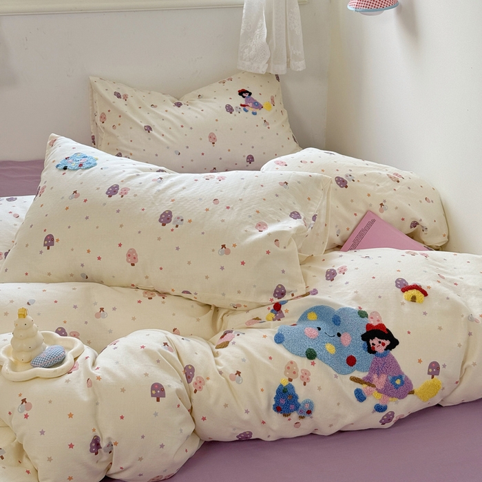 91家纺网 家纺一手货源 找家纺 澳萝拉2025春夏新款全棉纯棉双层纱毛巾绣四件套 魔法森林