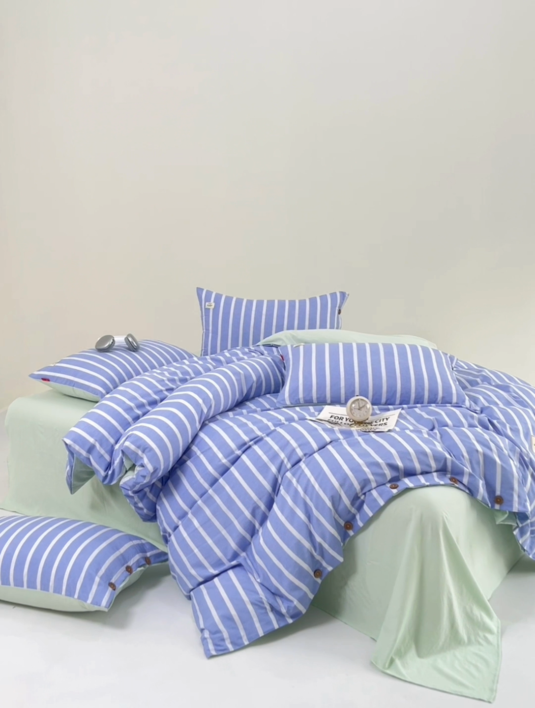 91家纺网 家纺一手货源 找家纺 睡美美 2025新款加厚色织水洗棉印染条纹四件套 柠檬苏打