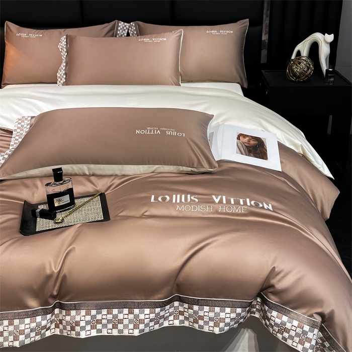 91家纺网 家纺一手货源 找家纺 瑞驰家纺 2025新款长绒棉绣花棋盘格系列四件套 棋盘格-中咖