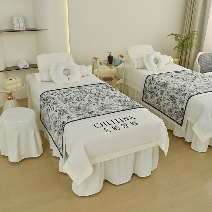 91家纺网 家纺一手货源 找家纺 不打烊家纺 2025新款贡棉美 容床罩印花款-花千城（支持logo定制） 花千城米白色