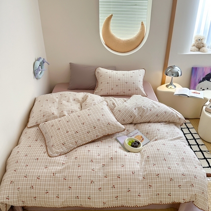 觅糖 2025新款全棉双层纱三角针极简治愈系列 格子樱桃-咖