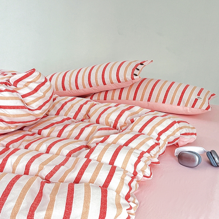 91家纺网 家纺一手货源 找家纺 睡美美 2025新款加厚色织水洗棉印染条纹四件套 香草嫩粉