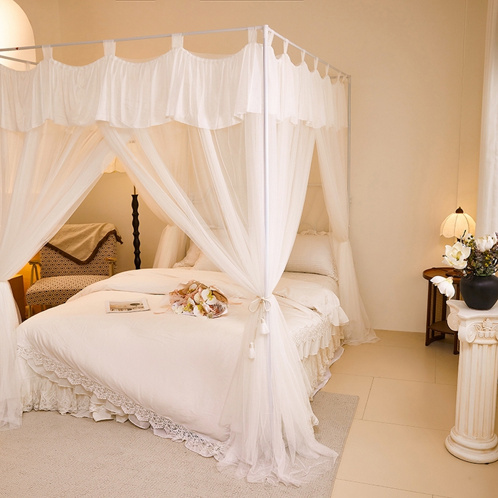 91家纺网 家纺一手货源 找家纺 都市缘蚊帐 2025新款A200双层纱落地宫廷蚊帐烤漆支架 梦幻白