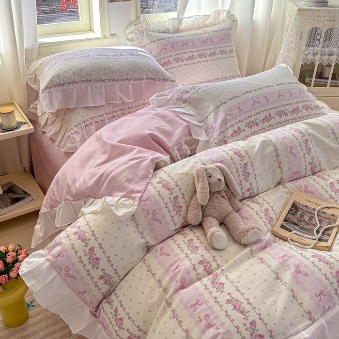 91家纺网 家纺一手货源 找家纺 2025沐辰家居-新款全棉13070全棉花边款套件 花边款-清雅粉