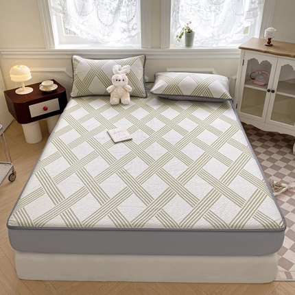 迪梦思家纺  2025新款针织棉提花防水床笠 迷宫格-豆绿