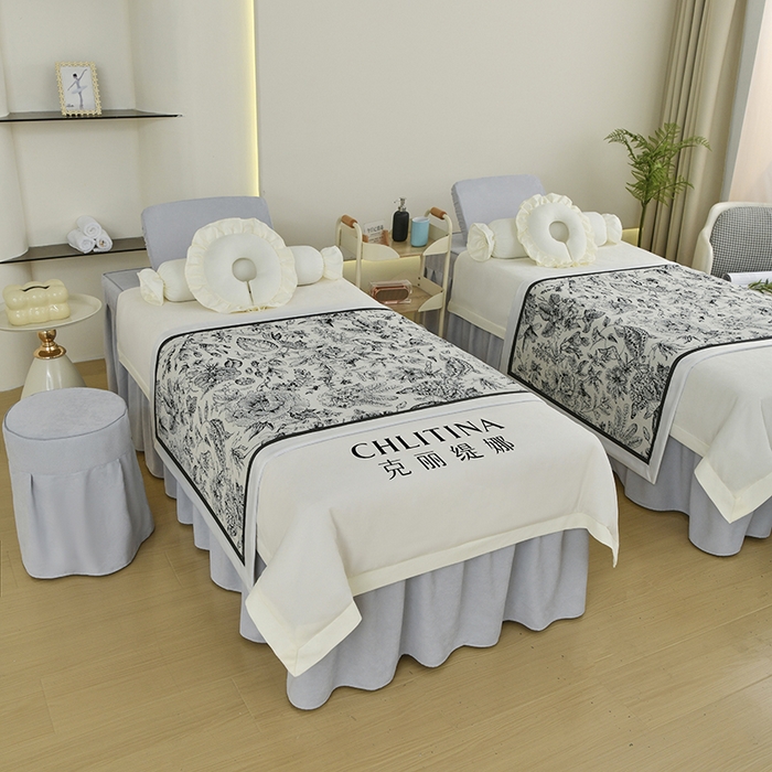 91家纺网 家纺一手货源 找家纺 不打烊家纺 2025新款贡棉美 容床罩印花款-花千城（支持logo定制）花千城米白色拼玉色