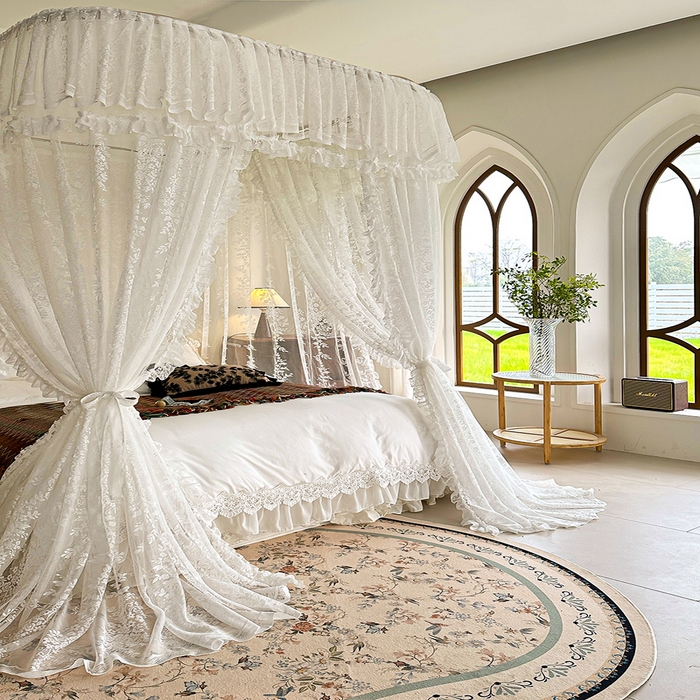 91家纺网 家纺一手货源 找家纺 都市缘蚊帐 2025新款针织电脑绣花布U型导轨蚊帐A303 303玫瑰庄园-奶油白