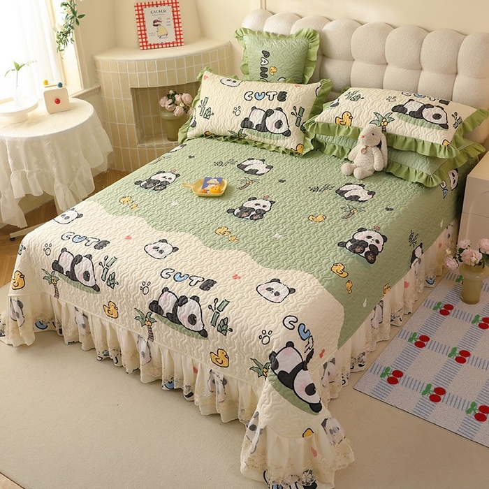 91家纺网 家纺一手货源 找家纺 美达家纺2025新款全棉蕾丝边单床盖 熊猫戏水