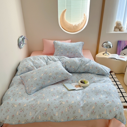 觅糖 2025新款全棉双层纱三角针极简治愈系列 兔野花园蓝