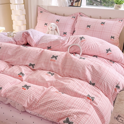 宝薇 2025新款超柔云朵棉四件套 粉格蝴蝶结