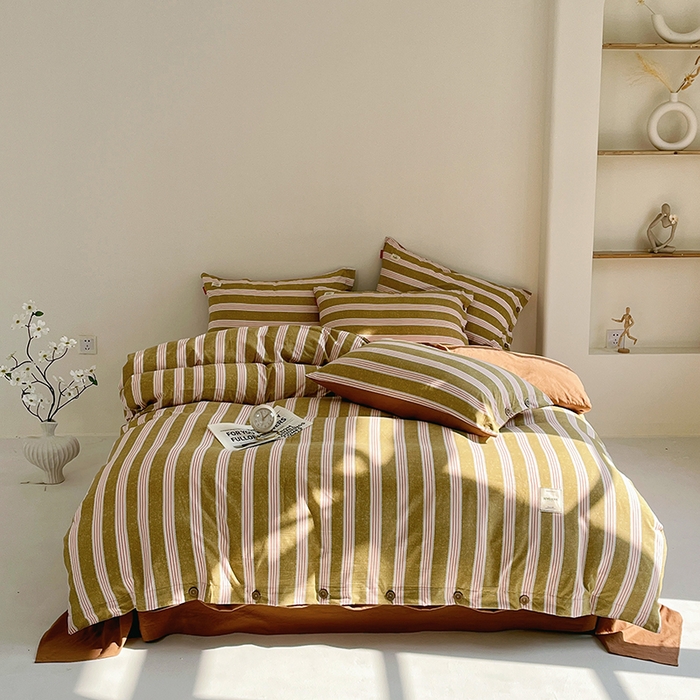 91家纺网 家纺一手货源 找家纺 睡美美 2025新款加厚色织水洗棉印染条纹四件套 栗子茶棕