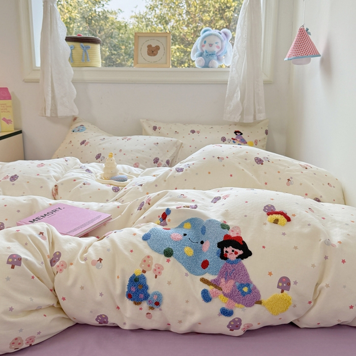 91家纺网 家纺一手货源 找家纺 澳萝拉2025春夏新款全棉纯棉双层纱毛巾绣四件套 魔法森林